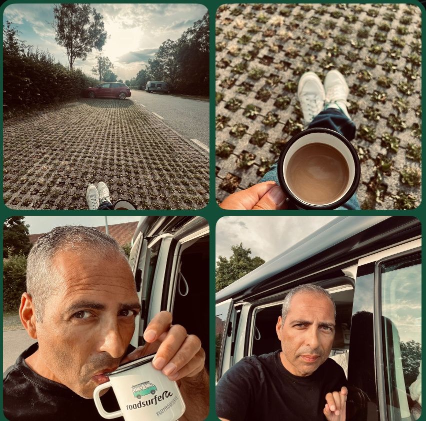 On the road. Kaffee, Sonne, Spannung.